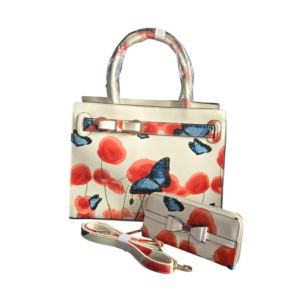 Floral Butterfly Print Gloss Patent Shoulder Handbag Pearl